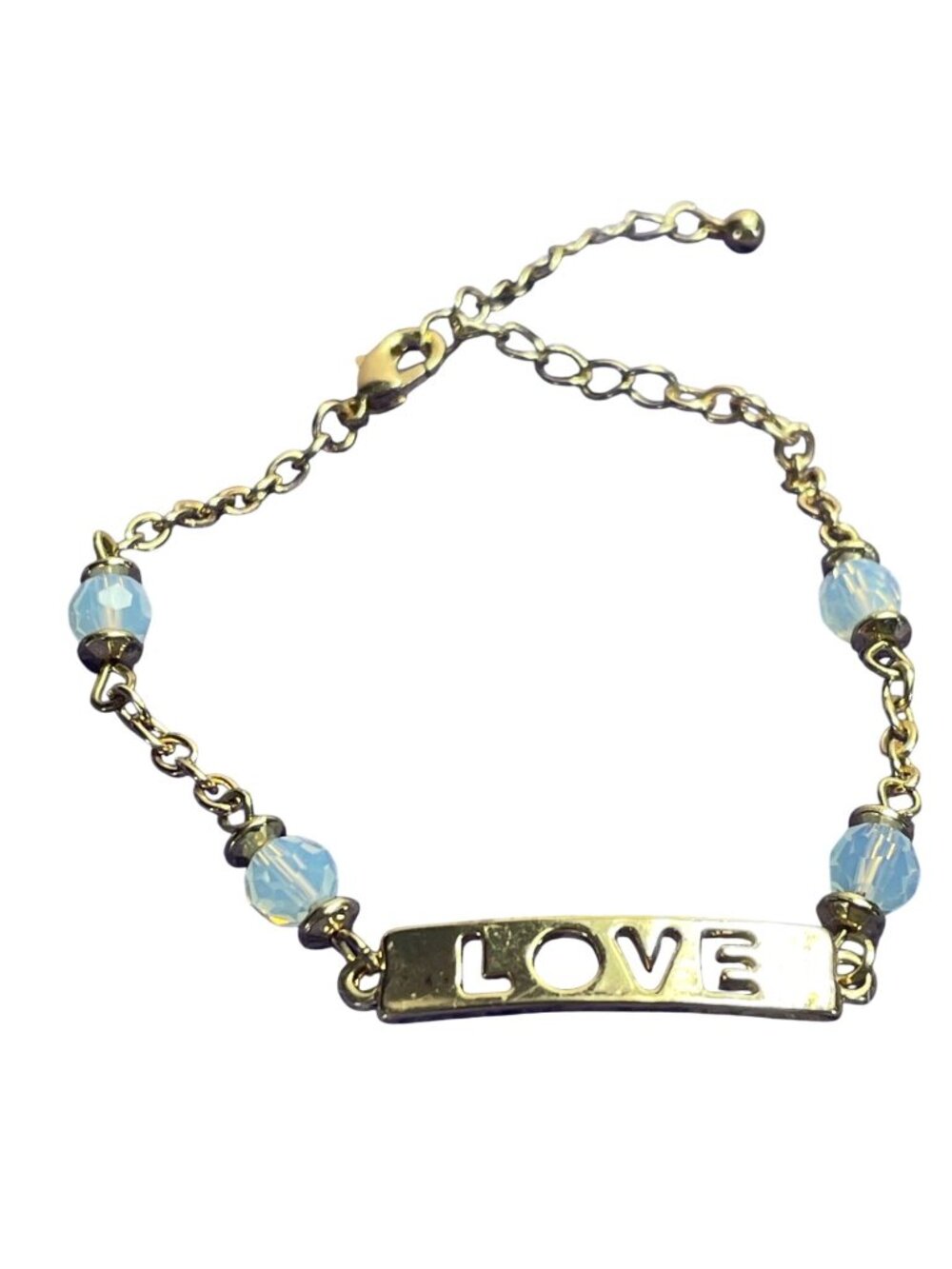 Goldtone Chain Bracelet Love Frosted Faceted Clear Glass Beads 6.75 - 8 inches